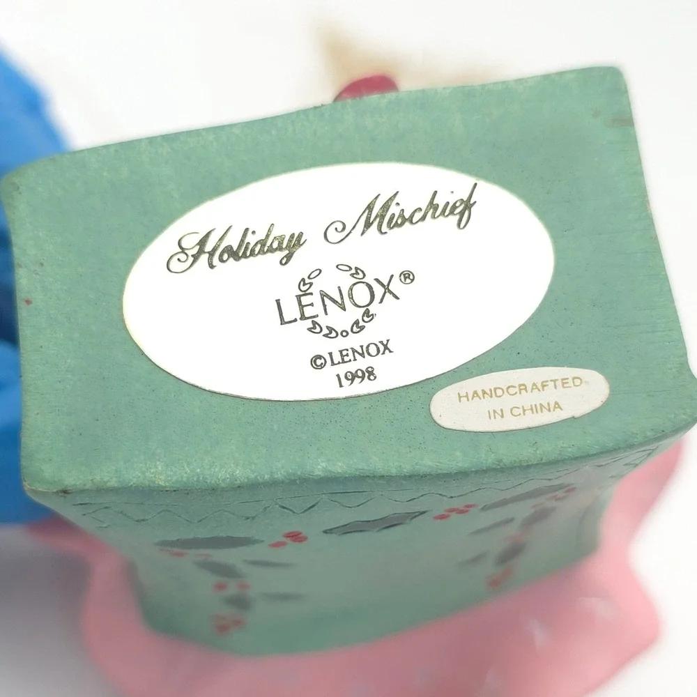 Lenox Holiday Mischief Cat Ornament 1998 White Kitten Teal Pink Vintage‎ Whimsy